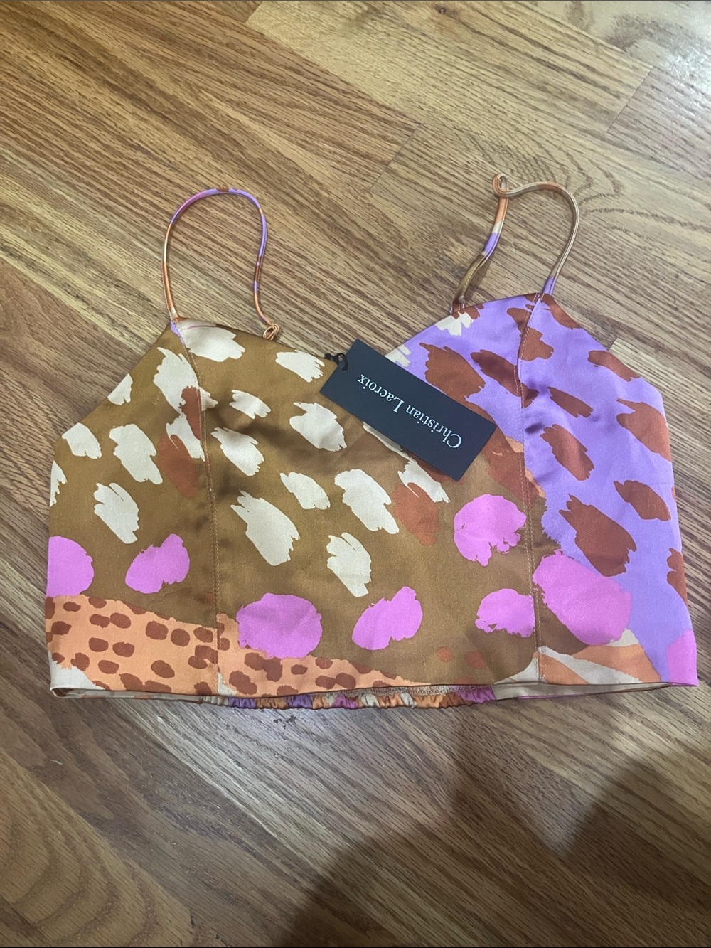 Christian Lacroix Pink & Brown Animal-Print Silk Cropped Cami Sz S FUC snags pic